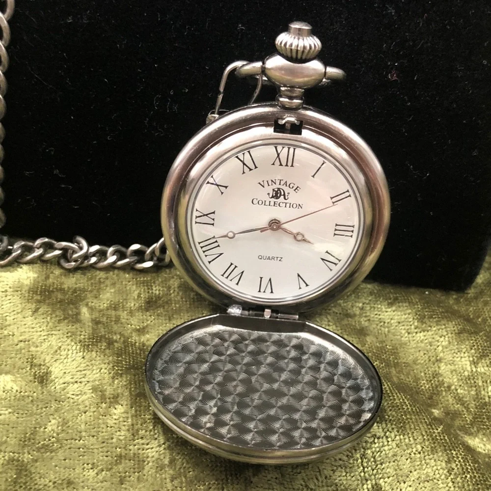 Silver Tone Pocket Watch with Chain - Chicago NWOT